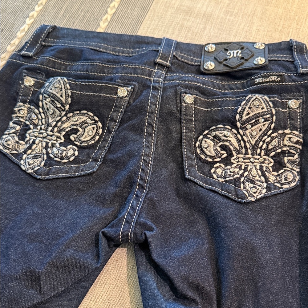 Miss Me Dark Blue Jeans with Silver Fleur-de-Lis